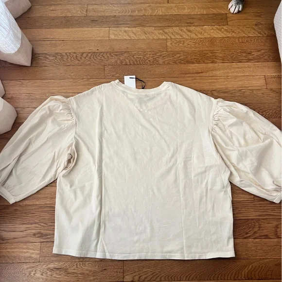 CLARE V. Embroidered Detail Balloon Sleeve Cotton Tee - Picture 5 of 8